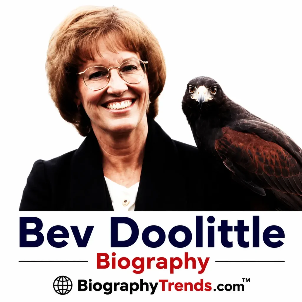 Bev Doolittle Biography portrait of the American camouflage artist with nature background